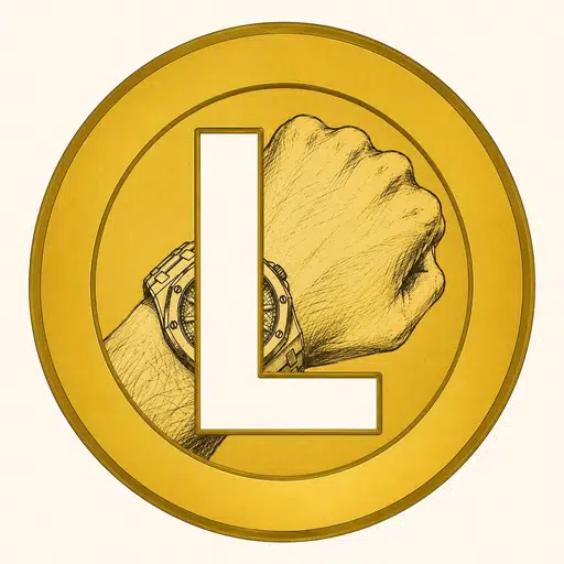 LarpCoin gold coin with a fist wearing a luxury watch